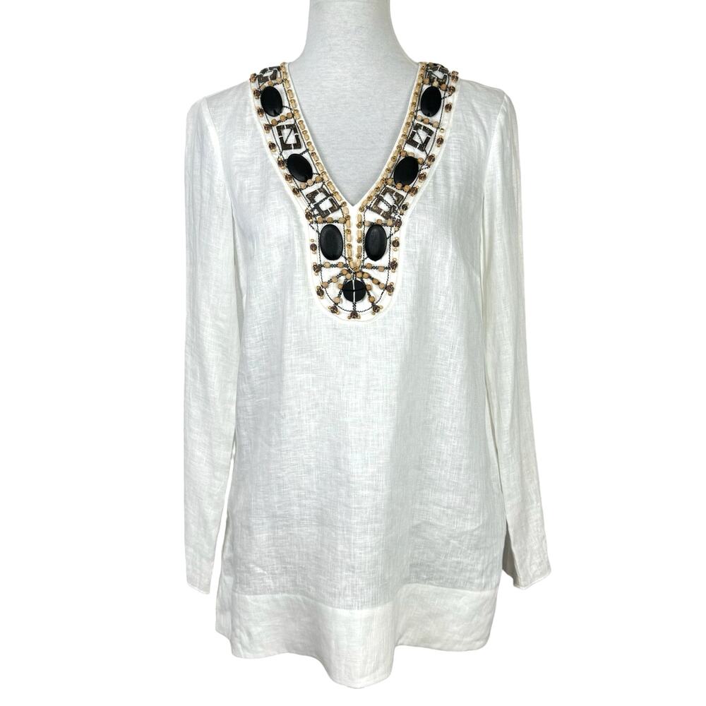 Worth New York 100% Linen White Tunic Brown Wood Bead Embellished V-neck Top